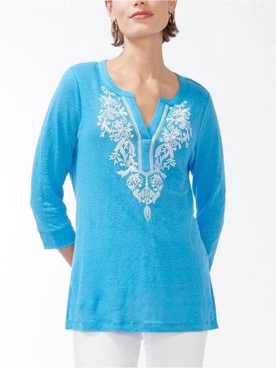 Chico's Tops - Chico’s Tee Blue M Linen Floral Embroidered 3/4 Sleeve Tunic